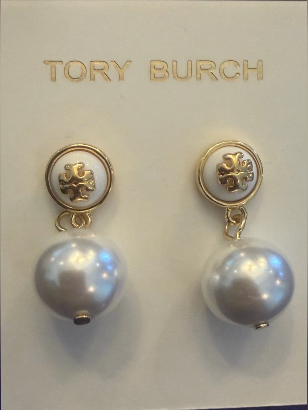 Tory Burch Authentic Gold and White Swarovski Pearl Drop Earrings